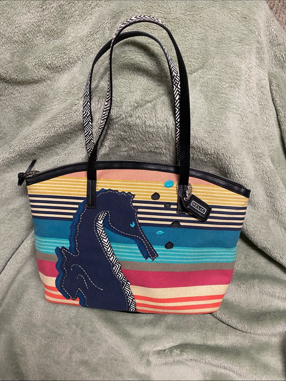 Relic Navy Seahorse Striped Tote in Teal, Coral & Yellow